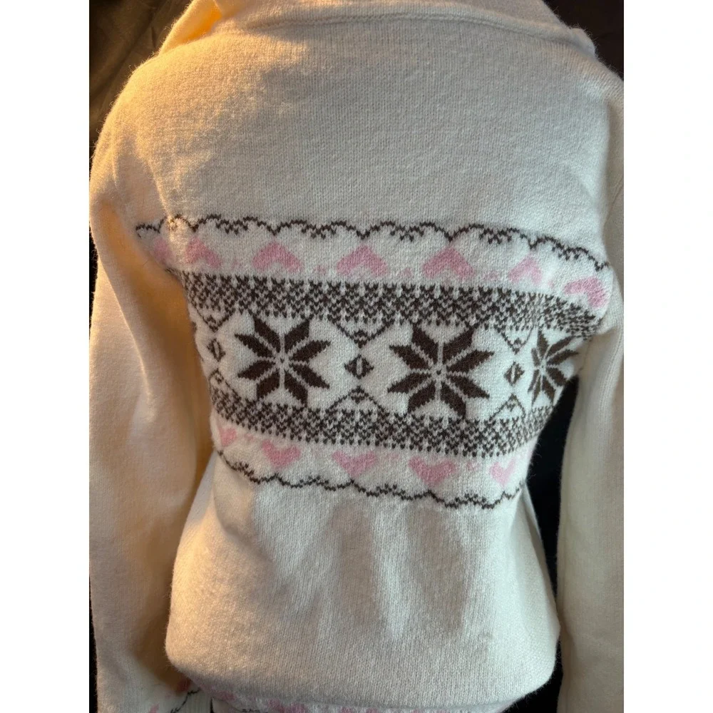 SHEIN Cream Fair Isle Hooded Sweater Snowflake Heart Henley Pullover Small